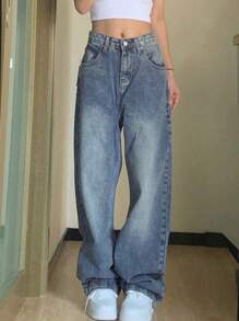 NVFelix Vintage Light Washed Straight Leg Jeans With Slanted Pockets - Medium Wash - View 1