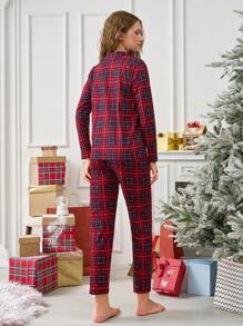 SHEIN Cottnline 100% Cotton 2pcs Plaid Button Front Christmas Homewear Set - Red - View 2
