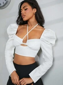 SHEIN Unity Women's Solid Color Cross Neck Bell Sleeve Cropped Shirt, Spring & Summer - White - View 1