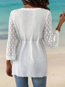 SHEIN LUNE INS Style Fashion Vacation Adjustable Drawstring Hollow Out Cardigan - Beige - View 2