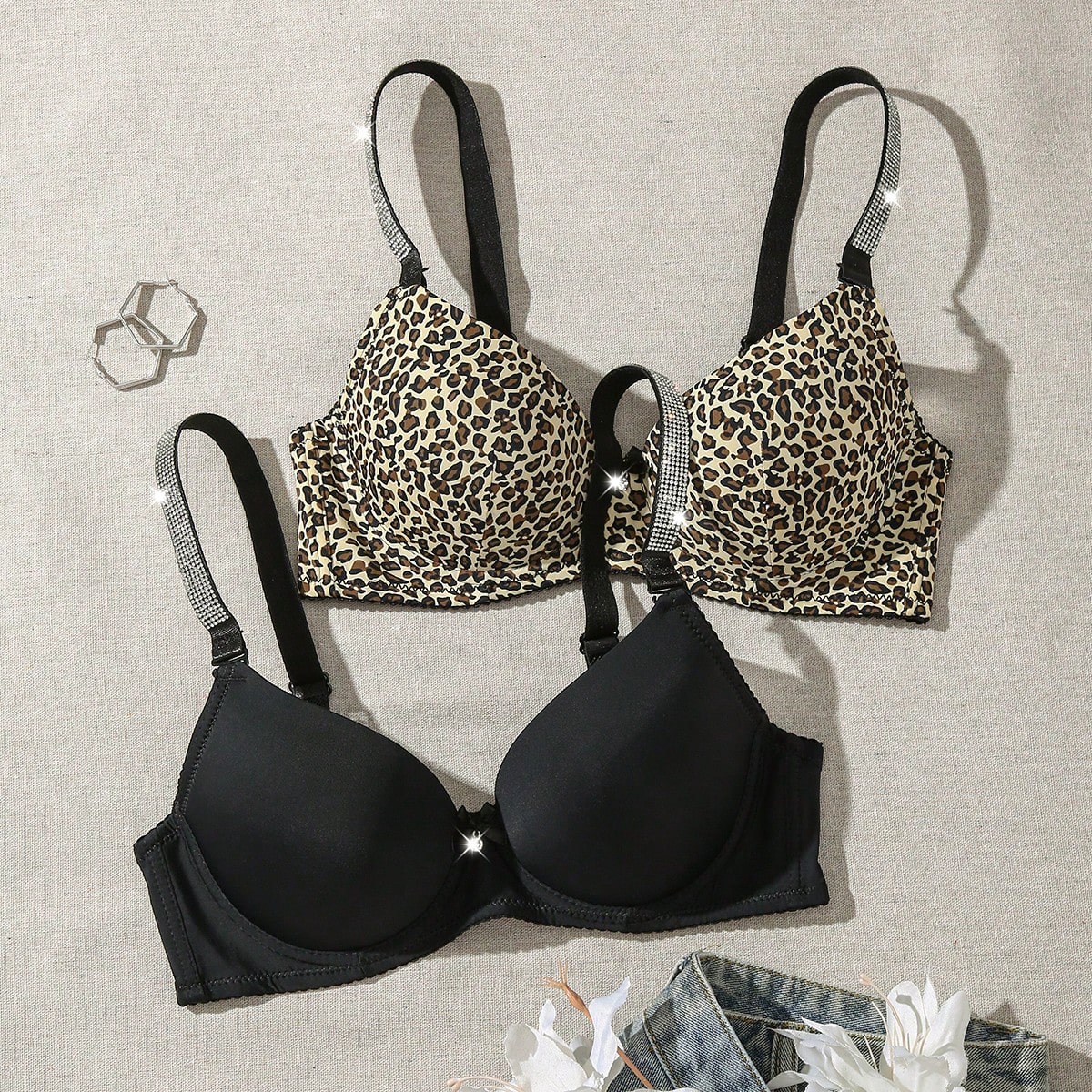 Piezas/Set Sujetadores con aros para mujer, Parte superior con estampado de guepardo