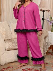 Knitted Long Sleeve Sleepwear Set, Plus Size - Hot Pink - View 3