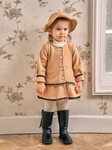 女童优雅复古羊毛大衣，秋冬款 - 棕色 - 查看 4