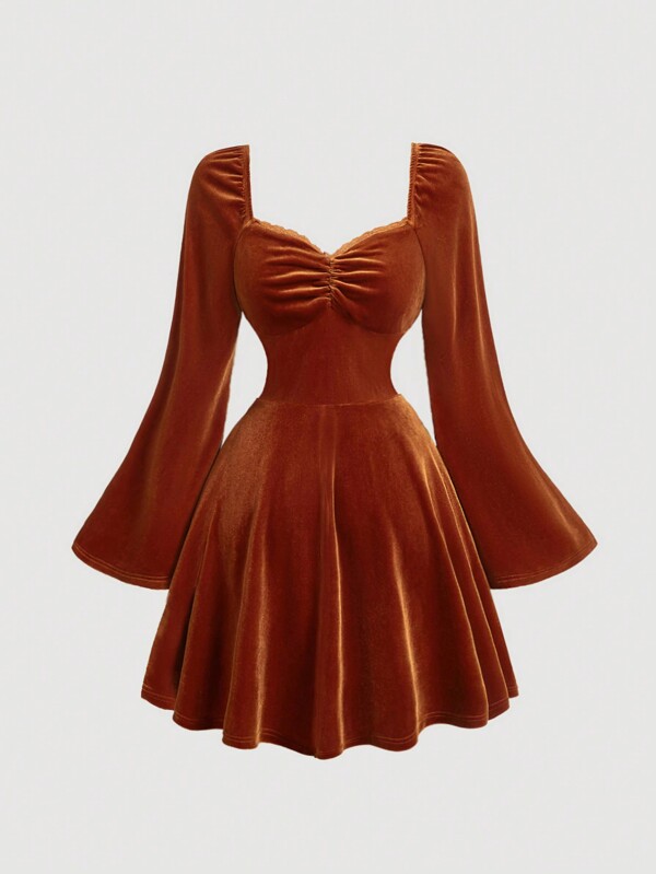 SHEIN MOD Square Neck Floral Ruffle Bust Flared Sleeve Velvet Dress,Elegant Velvet Dress,Fall Wedding Guest Dress,Semi Formal Dress Fall Clothes,Fairy Core Dress,Witch Dress