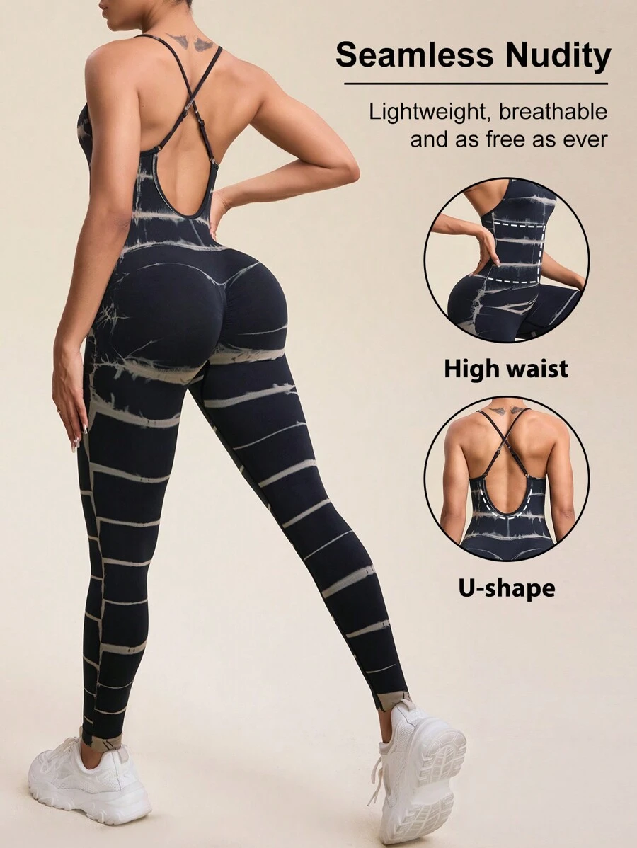 Easithlete Bộ đồ liền thân không tay hở lưng in họa tiết Tie-Dye, Bộ đồ liền thân thể thao liền mạch mùa hè, Bộ đồ liền thân thể thao liền mạch mùa hè - Nhiều màu - Xem 1