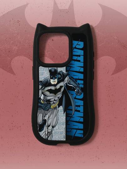 Batman X ROMWE 1 Stück Handy Hülle mit Katzenohr Design, mattschwarze, anti-Fingerabdruck und stoßfeste Ausführung mit Laufender Figur Illustration