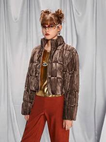 SHEIN Velvet Crop Jacket For Teen Girls, Fashionable Short Coat With Collar, Suitable For Party Or Daily Wear, Can Be Paired With Shoulder Bag, Backpack, Crossbody Bag, Baseball Cap, Beret, Boots, Sneakers, Sunglasses, Earphones - Coffee Brown - View 5