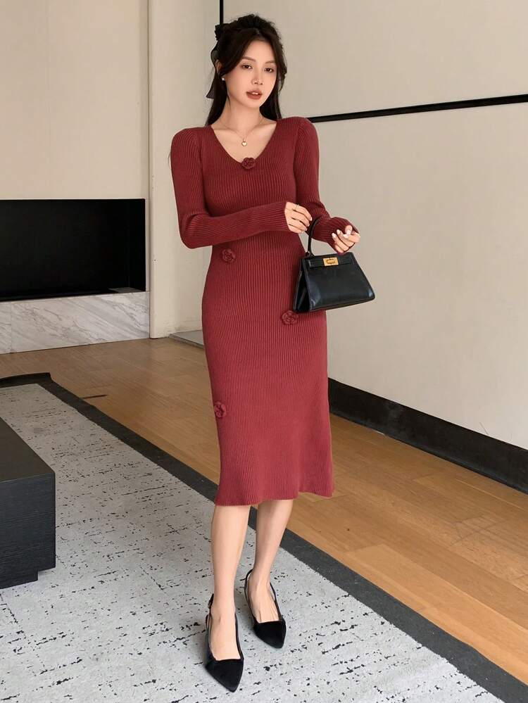 Women V-Neck Long Sleeve Elegant Floral 3D Pattern Knitted Sweater Dress, Autumn & Winter,Fall Women Clothes Red Women Dresses,New Year