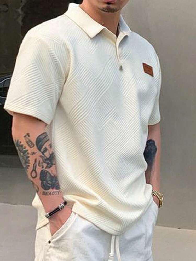 Men's Solid Color Patchwork Short Sleeve Minimalist Logo T-Shirt, Casual Summer Business Attire