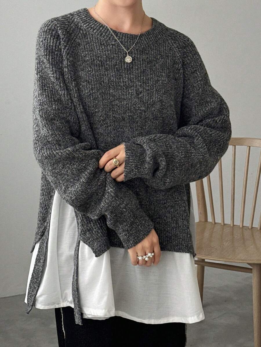 FRIFUL Áo len chui đầu rộng rãi màu tương phản dành cho nữ với thiết kế 2 trong 1 và xẻ tà bên hông - Xám - Xem 1