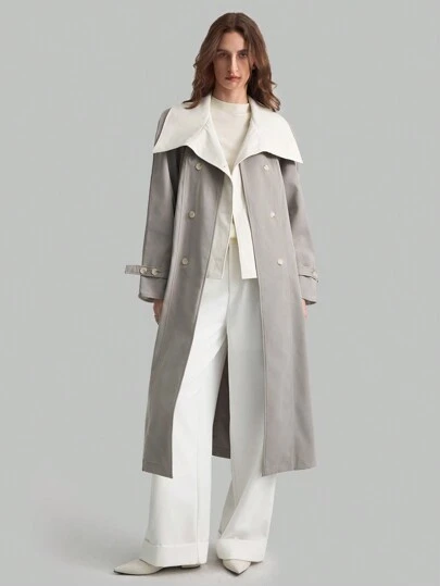 Ontre 女衬衫2025新款系列女拼布春季休闲中长款外套长袖纽扣宽翻领宽松时尚风衣秋季女外套