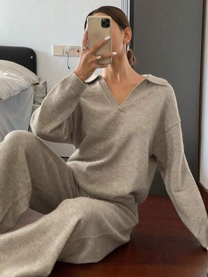 DAZY Set de 2 piezas de suéter de hombros caídos de unicolor y pantalones anchos de punto para mujer, conjunto informal y suelto, ropa de otoño