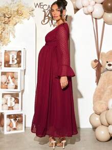 Loomaby Gender Reveal Dress Burgundy Maternity Spring/Autumn Elegant Solid Color Bell Sleeve Dress For Baby Shower Party - Burgundy - View 8