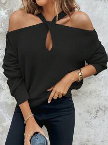 SHEIN Clasi 大码扭纹前 V 形后背长袖露肩毛衣 - 黑色 - 查看 1