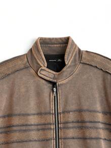 Manfinity VCAY 男士街头风格针织插肩袖撞色拉链立领赛车夹克，适合秋冬季 - 黑色 - 查看 7