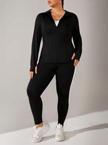 SHEIN Rhythm Era 大码女式 V 领长袖上衣和裤子，运动夜跑套装，健身女士套装 - 彩色 - 查看 4