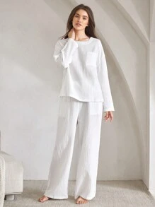 Ocili Leisure Women's Solid Color Drop Shoulder Long Sleeve Pocket Shirt And Pants Loungewear Set - White - View 1