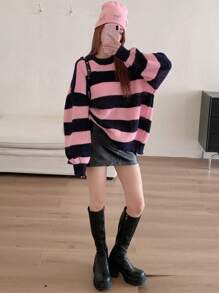 DAZY Women's Loose Fit Contrast Color Crew Neck Sweater,Fall Women Clothes