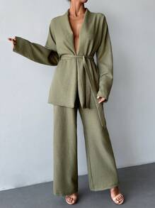 SHEIN Two Pieces With Belt Details, Cozy Sets, Easy To Wear At Home And Outdoor - Black - View 7