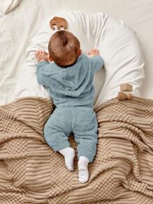 SHEIN 新生男婴/女婴可爱刺绣字母图案连帽夹克和裤子套装，秋冬