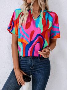 SHEIN LUNE Camisa de mujer casual de vacaciones con estampado aleatorio y cuello con muesca