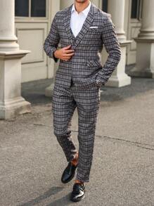 Manfinity Mode Men's Spring & Autumn Plaid Lapel Neck Long Sleeve Jacket & Pants Business Suit - Dark Grey - View 1