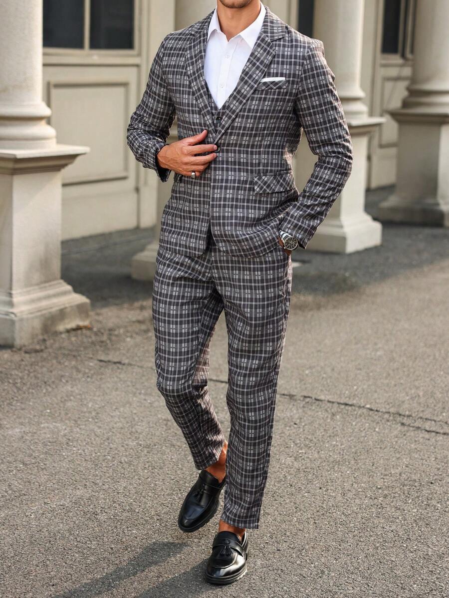 Manfinity Mode Men's Spring & Autumn Plaid Lapel Neck Long Sleeve Jacket & Pants Business Suit - Dark Grey - View 1