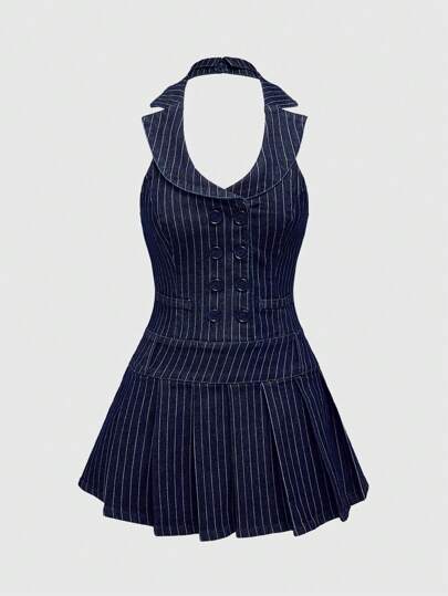 Fairycore Summer Casual Vertical Stripe Pleated Hem Halter Denim Dress
