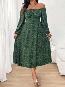 SHEIN Clasi Vestido casual de hombros descubiertos con estampado de lunares, tallas grandes, primavera y otoño