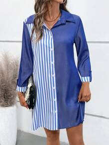 SHEIN LUNE 女士纯色条纹拼布印花长袖连衣裙