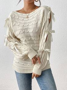 Chiquease Women's Solid Color Round Neck Hollow Out Long Sleeve Bow Decor Sweater, Autumn & Winter, Knit Pullover Fall - Apricot - View 5