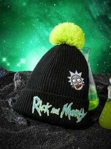 Rick and Morty X SHEIN Gorro de punto negro con bordado de personaje de dibujos animados, pompón de neón - Negro - Ver 3