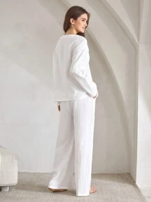 Ocili Leisure Women's Solid Color Drop Shoulder Long Sleeve Pocket Shirt And Pants Loungewear Set - White - View 2