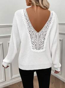 EMERY ROSE Plain Crew Neck Long Sleeve Contrast Guipure Lace Minimalist Sweater, Casual Daily Wear, Knit Pullover Fall Winter - White - View 2