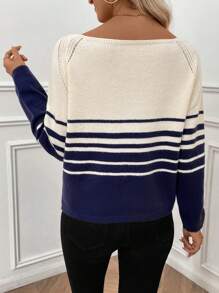 SHEIN LUNE 女士休闲圆领插肩袖条纹宽松套头毛衣 秋冬季 - 彩色 - 查看 2