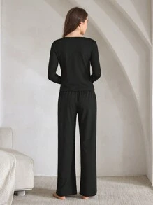 Ocili 2 件套柔软长袖上衣和裤子带拇指孔家居服套装 - 黑色 - 查看 2