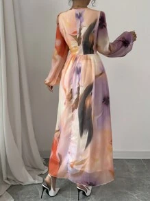 Chiquease Vestido de mujer con cuello en V profundo, cintura fruncida, manga farol y estampado floral - Multicolor - Ver 2