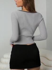 Chiquease Stijlvolle vierkante hals contrasterende rand stropdas sexy geribbelde gebreide trui