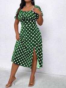 SHEIN Clasi 大码女式波尔卡圆点印花开衩短袖连衣裙 - 墨綠色 - 查看 5