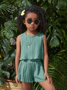 SHEIN 2pcs/Set Young Girl Woven Solid Color Crew Neck Sleeveless Top And Woven Solid Color Loose Shorts Set Green Dress Kids Girl
