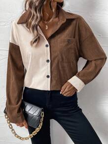 SHEIN LUNE Women's Button-Up Long Sleeve Colorblock Design Fashionable Charming Shirt