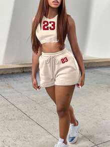 Slaydiva 2pcs Women Summer Casual Fitted Crew Neck 23 Graphic Tank Top And Drawstring Shorts Set Suitable For Going Out - Khaki - View 1