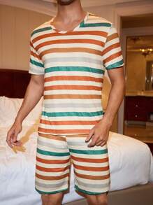 CoupledUp Multicolor Striped Print Short Sleeve Shorts Men Pajama Set - Multicolor - View 3