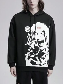 ROMWE MEN Goth Men Casual Drawstring Printed Batwing Sweatshirt, Halloween - Black - View 6