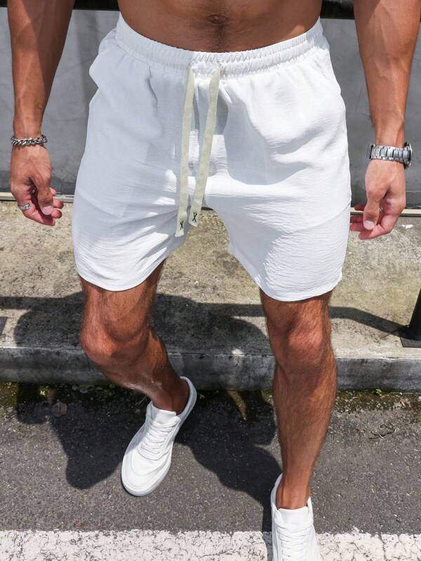 Manfinity Homme 男士纯色抽绳腰冰丝亚麻短裤纯色休闲度假白色抽绳短裤，适合老公、男朋友的礼物