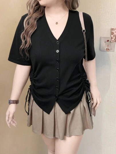SHEIN EMERY ROSE CURVE 大码春秋休闲纯色抽绳短袖开衫，适合冬季