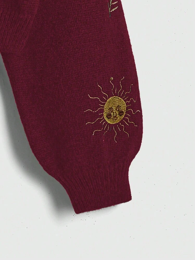 ROMWE Hippie Cárdigan de suéter de manga larga con decoración bordada para mujer - Burdeos - Añade 4