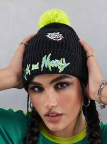 Rick and Morty X SHEIN Gorro de punto negro con bordado de personaje de dibujos animados, pompón de neón - Negro - Ver 2