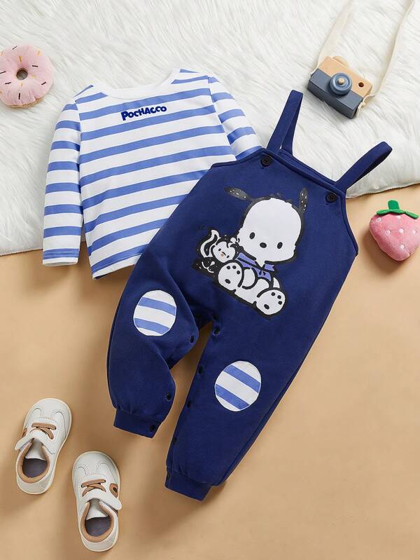 HELLO KITTY AND FRIENDS | SHEIN Baby Boy Light Blue Striped Long Sleeve Top And Cute Dog Printed Navy Blue Overall Jumpsuit