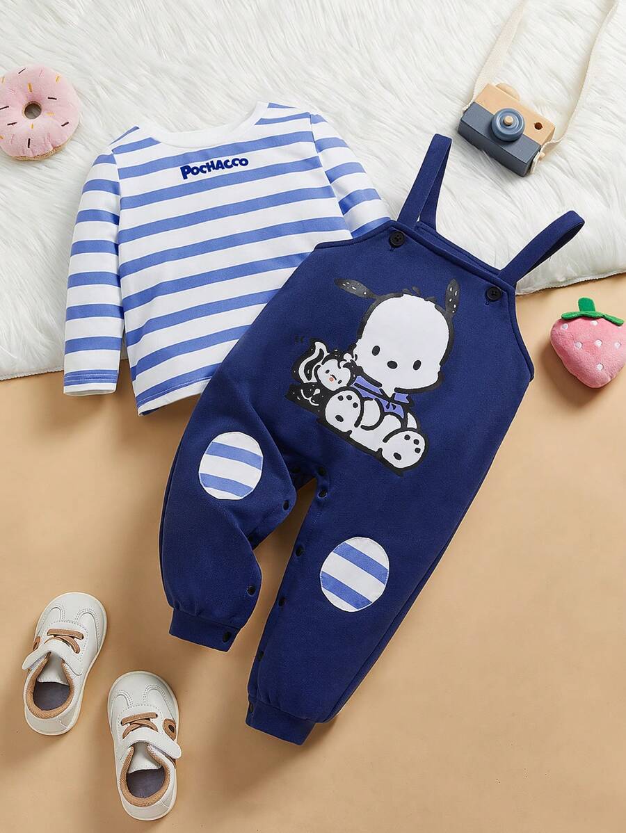 HELLO KITTY AND FRIENDS | SHEIN 男婴浅蓝色条纹长袖上衣和可爱小狗印花海军蓝色连体裤 - 藍色 - 查看 1